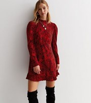 New Look Red Abstract Print High Neck Long Sleeve Mini Dress